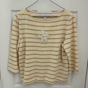 St. John 3/4 Length Sleeve Santana Knit Top Starfish Appliqué Size Medium Stripe